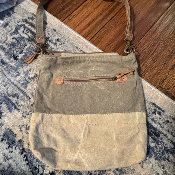 Myra Monochrome Upcycled Canvas & Cowhide Messenger Bag - Picture 2 of 3